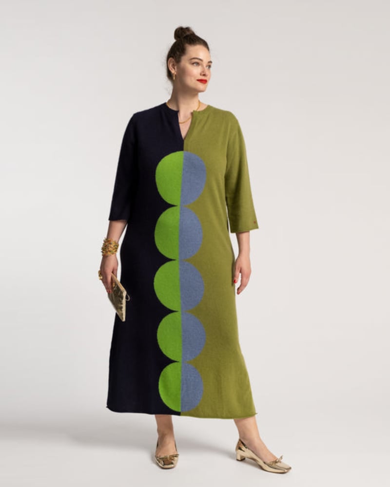 Front of a model wearing a size 1X Cozy Maxi Abstract Circles Blue Green in Navy Green by Frances Valentine. | dia_product_style_image_id:237290